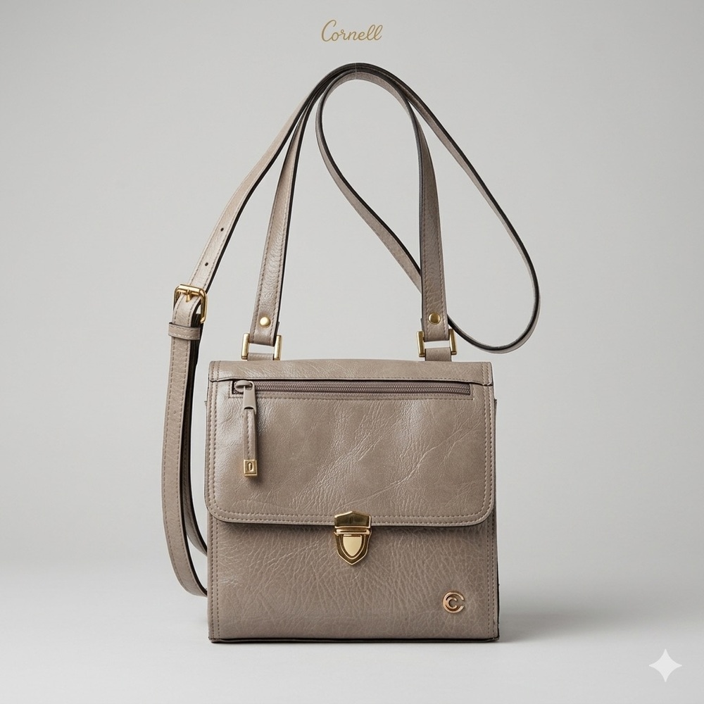 Vintage Cornell Beige Leather Structured Crossbody Bag Gold Hardware Luxe